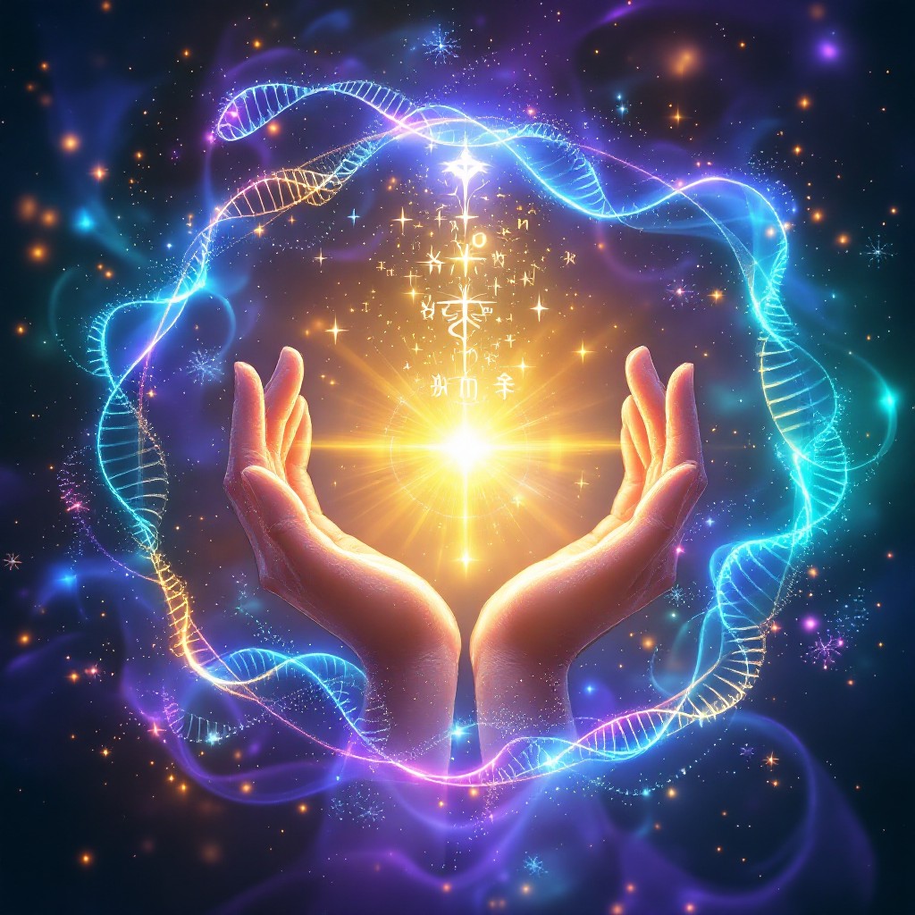 Cosmic healing light with hands radiating energy