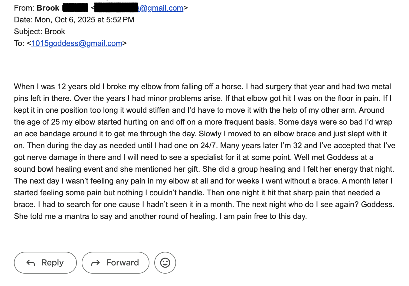 Email from Brook describing relief from chronic elbow pain