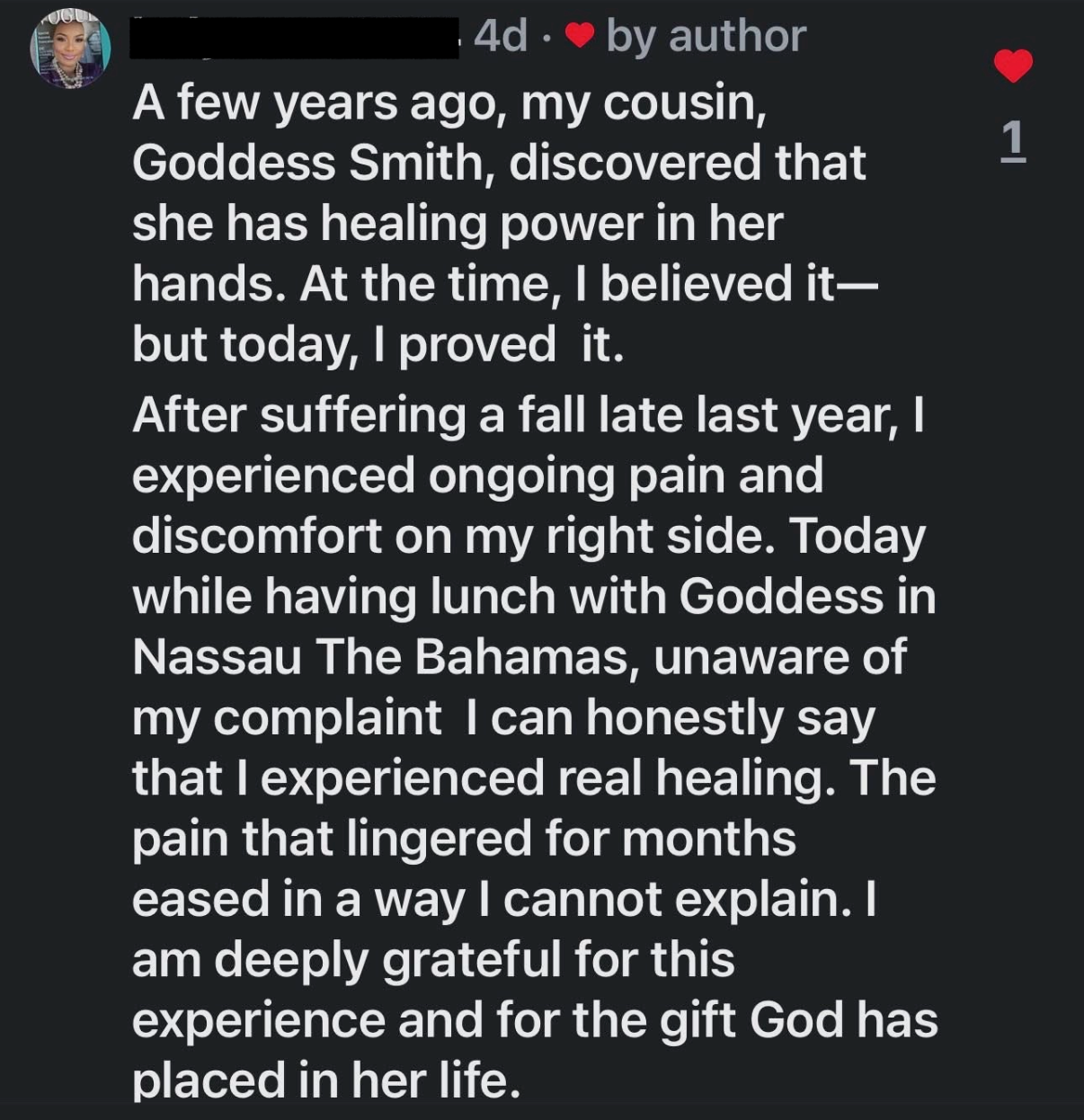 Testimonial from Goddess's cousin describing pain relief after a fall