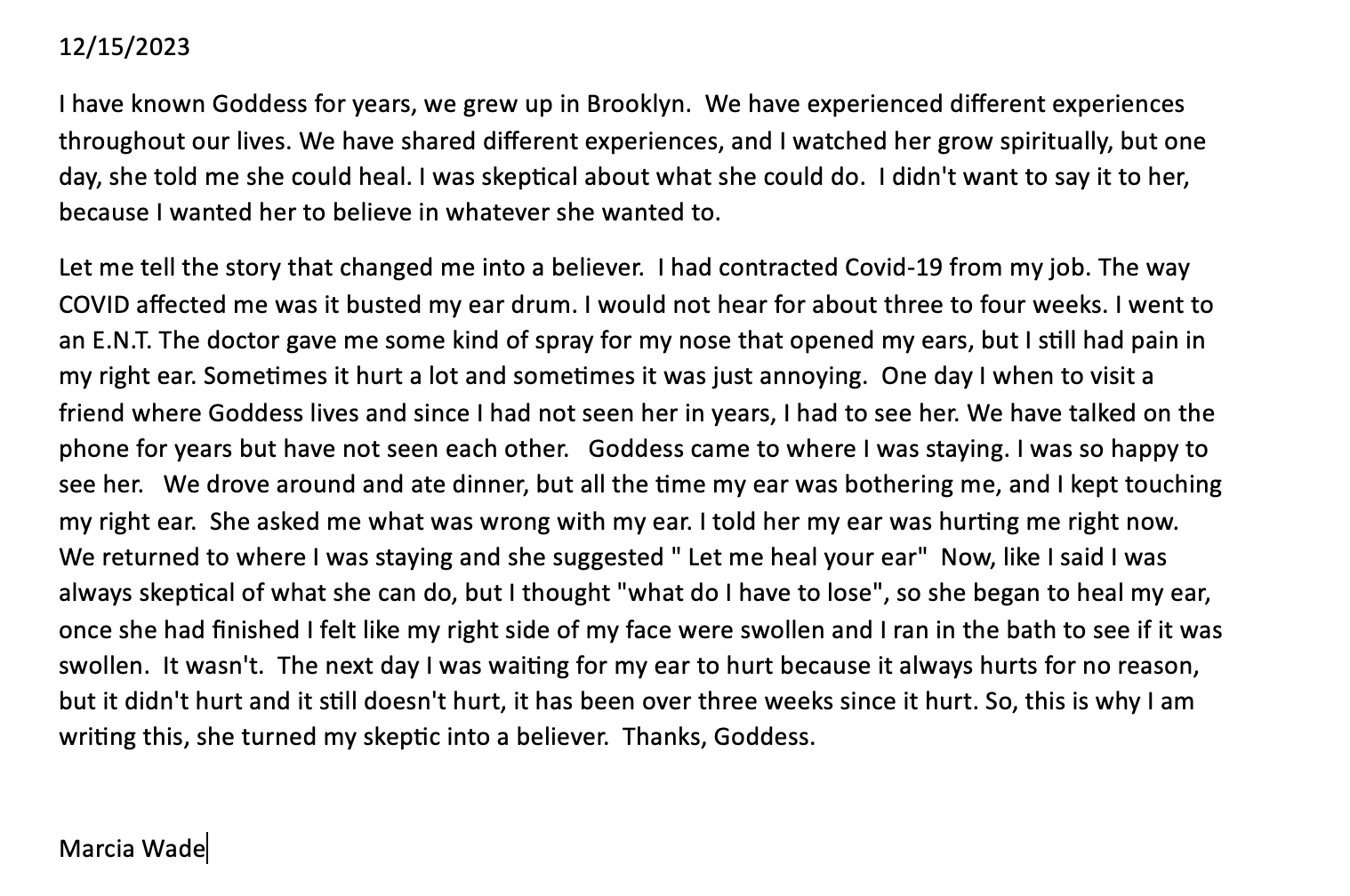 Letter from Marcia Wade recounting how chronic ear pain healed